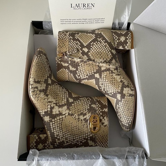 Nib Ralph Lauren Wynne II Python Embossed Leather Block Heel Booties Boots - Picture 14 of 16